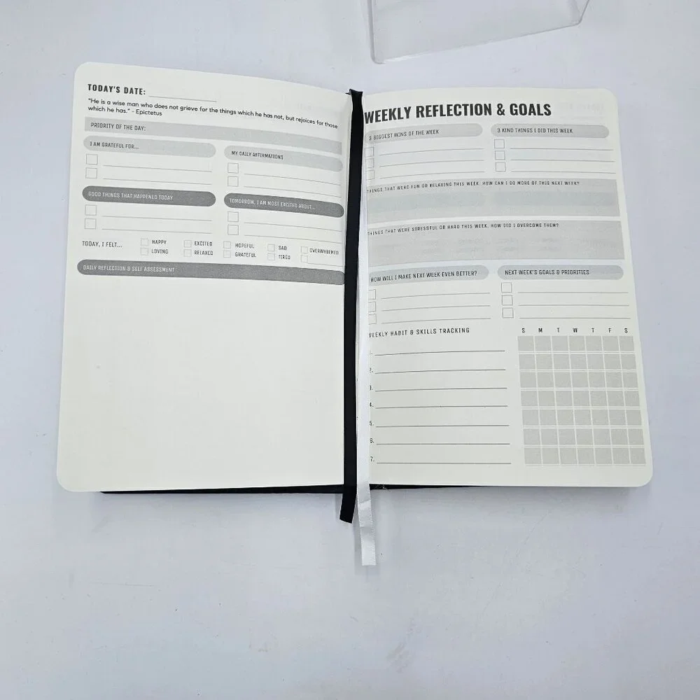 Daily Gratitude Journal A5 Undated Self Care Planner w/ Prompts Black